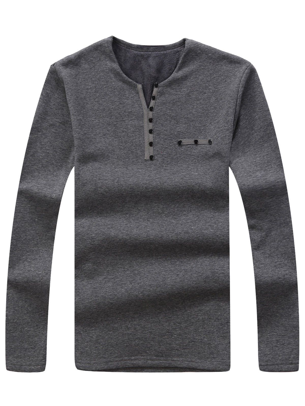 

Button Embellished Split V-Neck Thermal Shirt, Gray