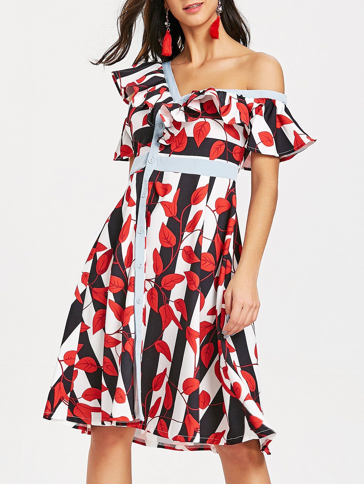 

Striped Leaves Print Skew Neck Dress, Red