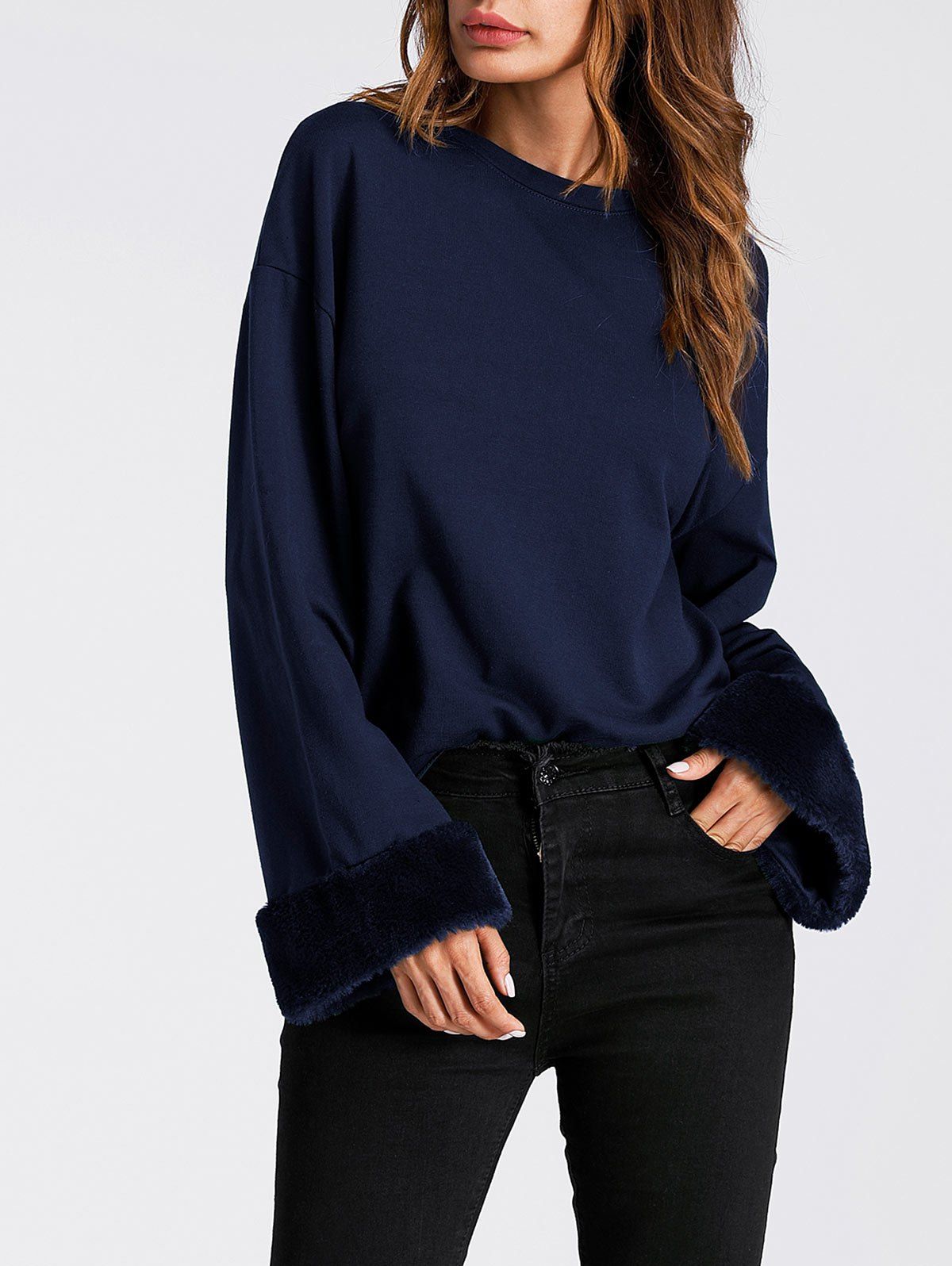 

Faux Fur Panel Drop Shoulder Sweatshirt, Purplish blue