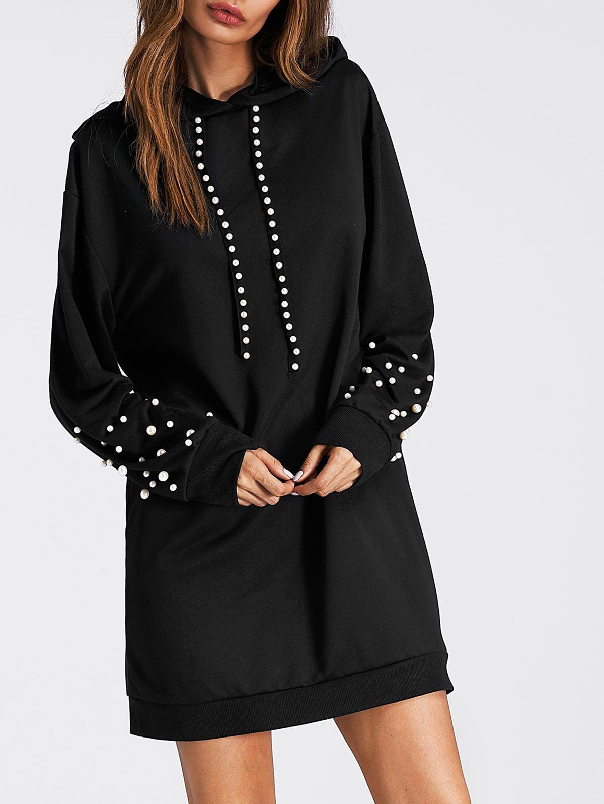 

Beading Mini Hoodie Dress, Black