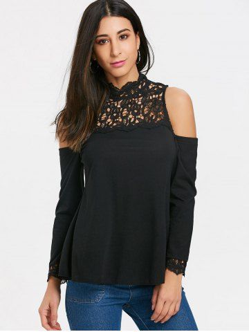 

Crochet Lace Panel Cold Shoulder Long Sleeve T-shirt, Black