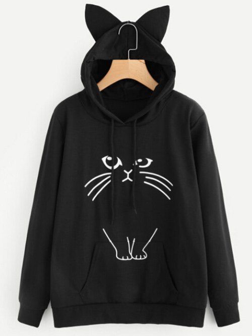 

Drawstring Cat Pattern Pullover Hoodie, Black