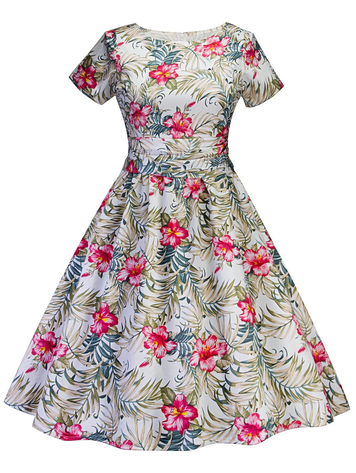 

Retro Tropical Printed Fit and Flare Dress, White