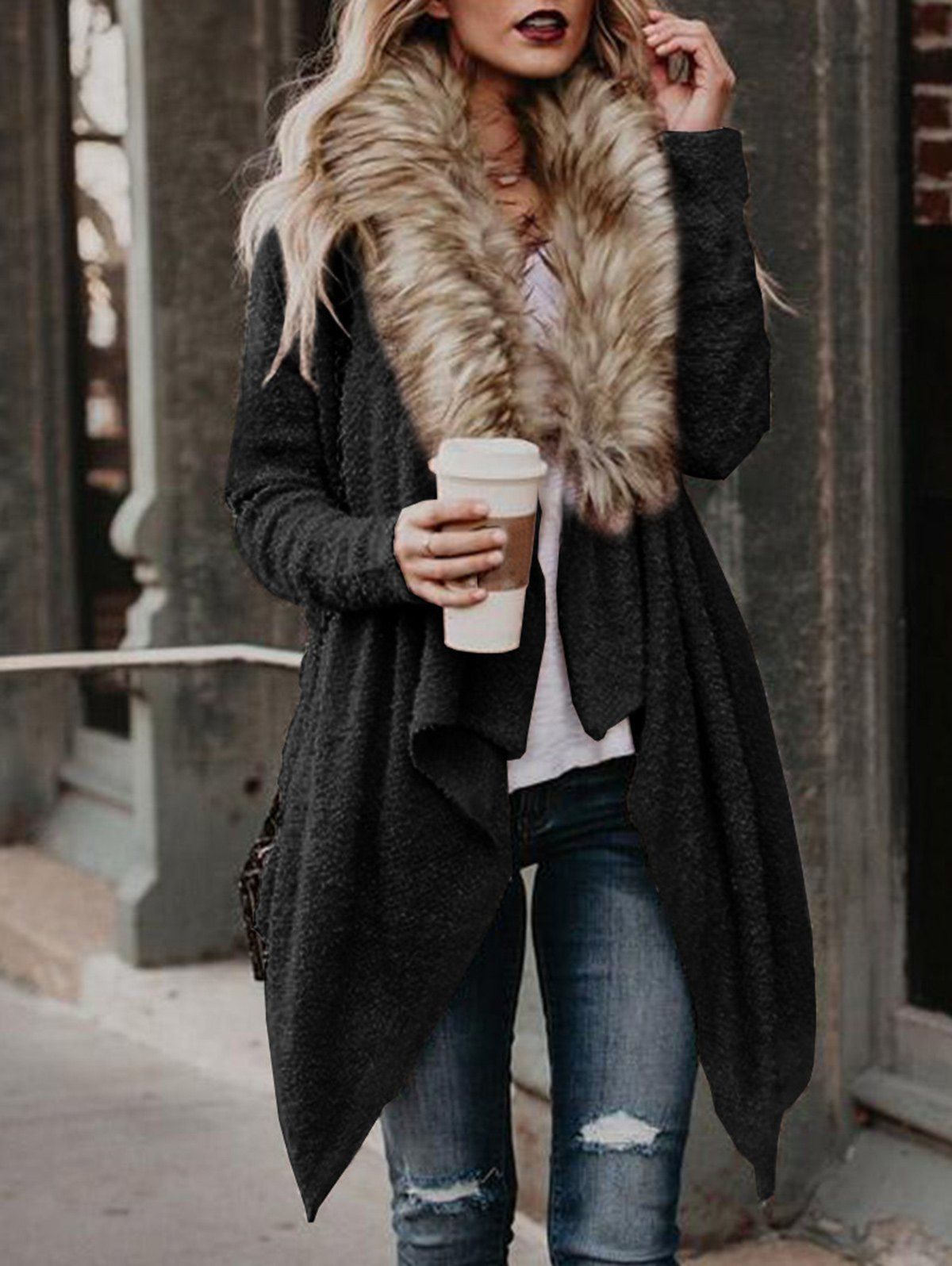 

Faux Fur Neck Asymmetrical Coat, Black