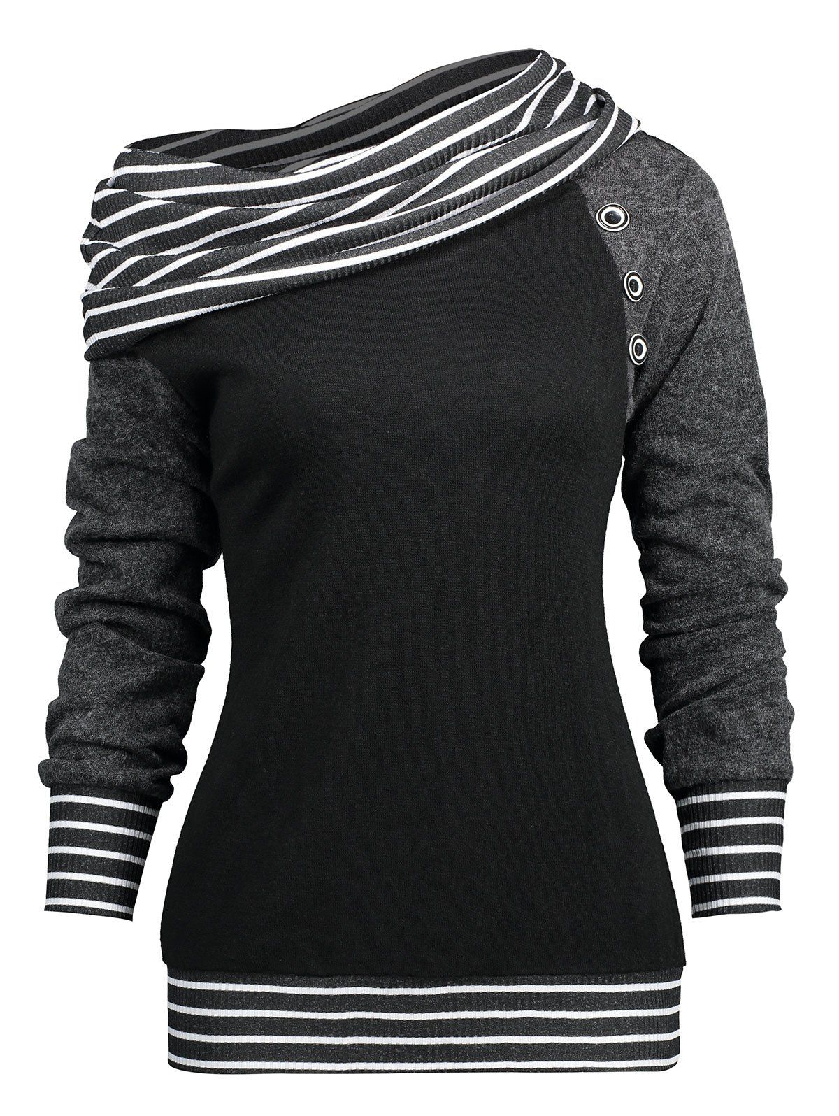 

Raglan Sleeve Stripe Trim Skew Neck T-shirt, Black