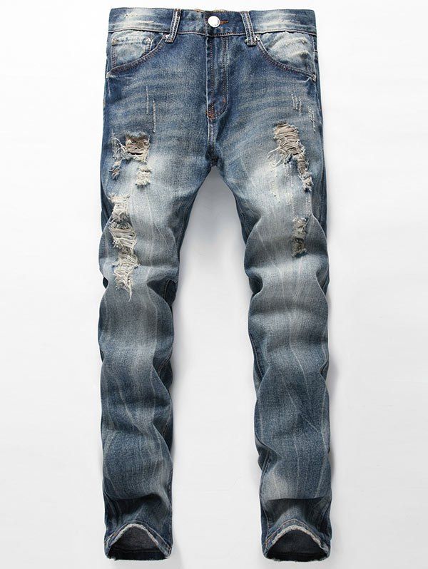 

Straight Leg Faded Distressed Jeans, Blue