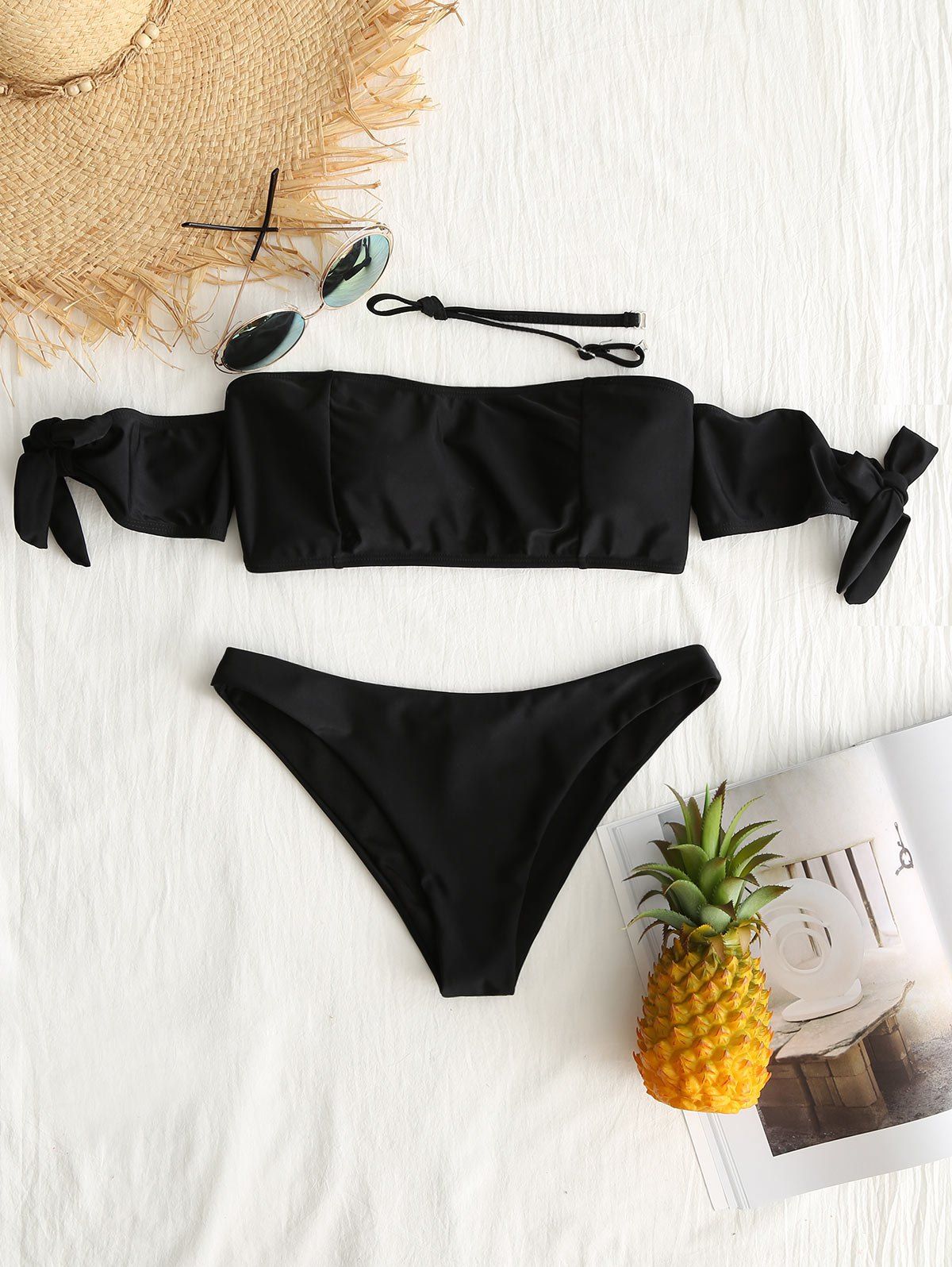 

Bandeau Off Shoulder Thong Bikini Set, Black