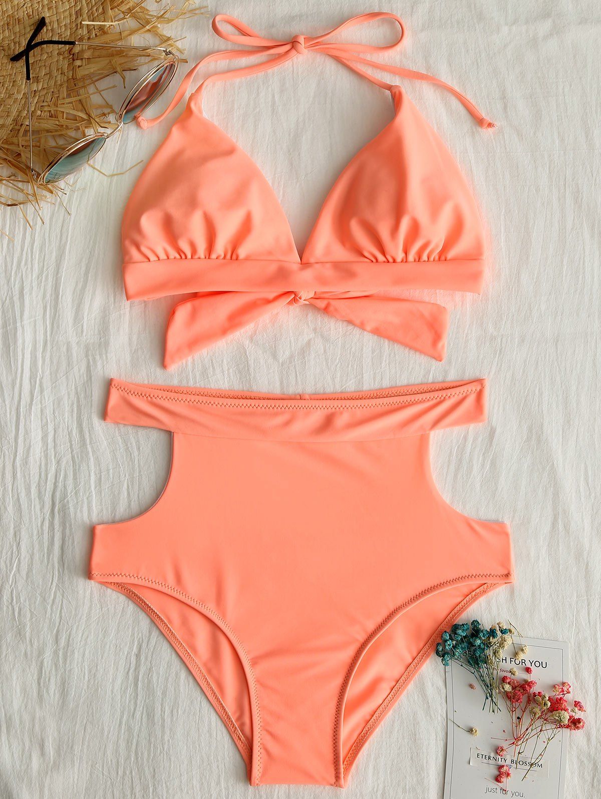 

Cut Out High Waisted Halter Bikini Set, Orange red
