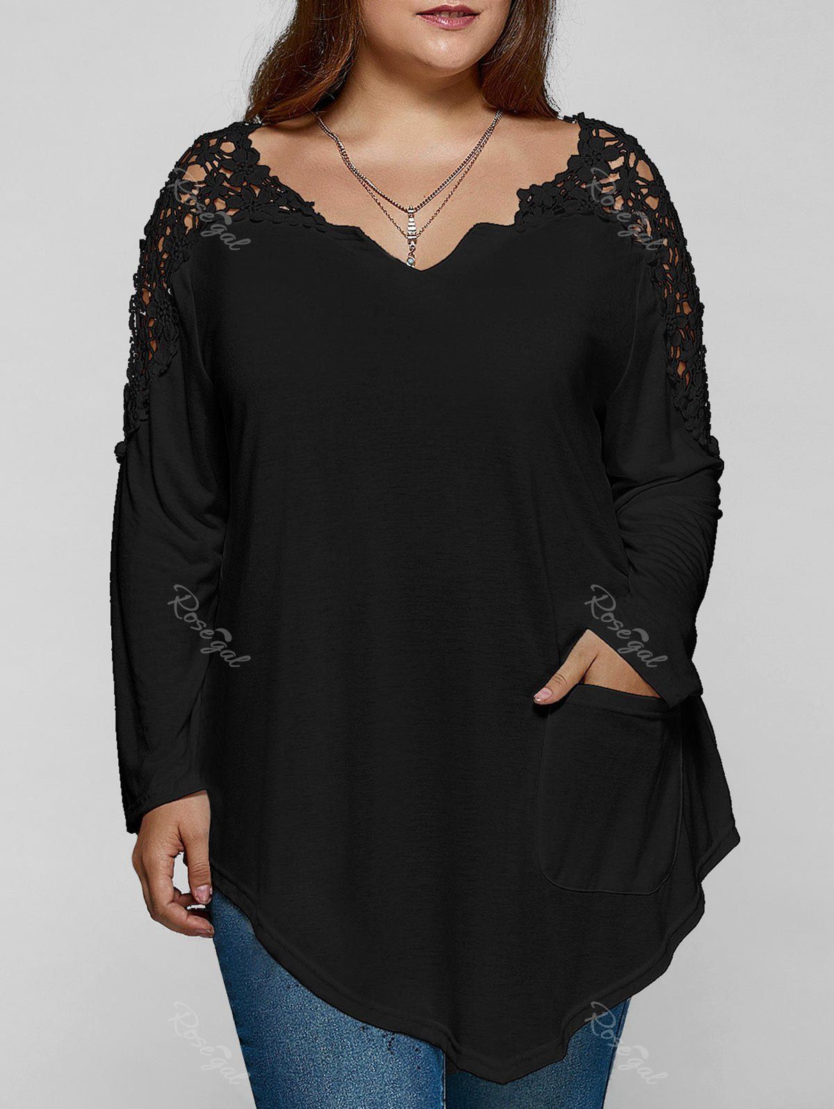 [62% OFF] Plus Size Lace Insert Long Sleeve Tunic T-Shirt | Rosegal