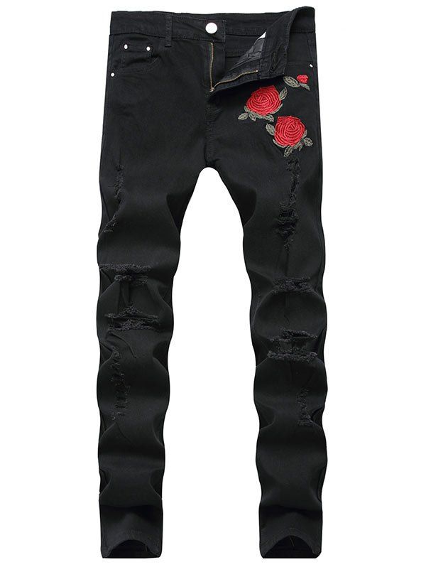 

Flower Embroidered Ripped Jeans with Straight Leg, Black
