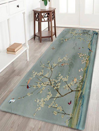 

Flowers and Birds Print Flannel Skidproof Bath Mat, Greyish green