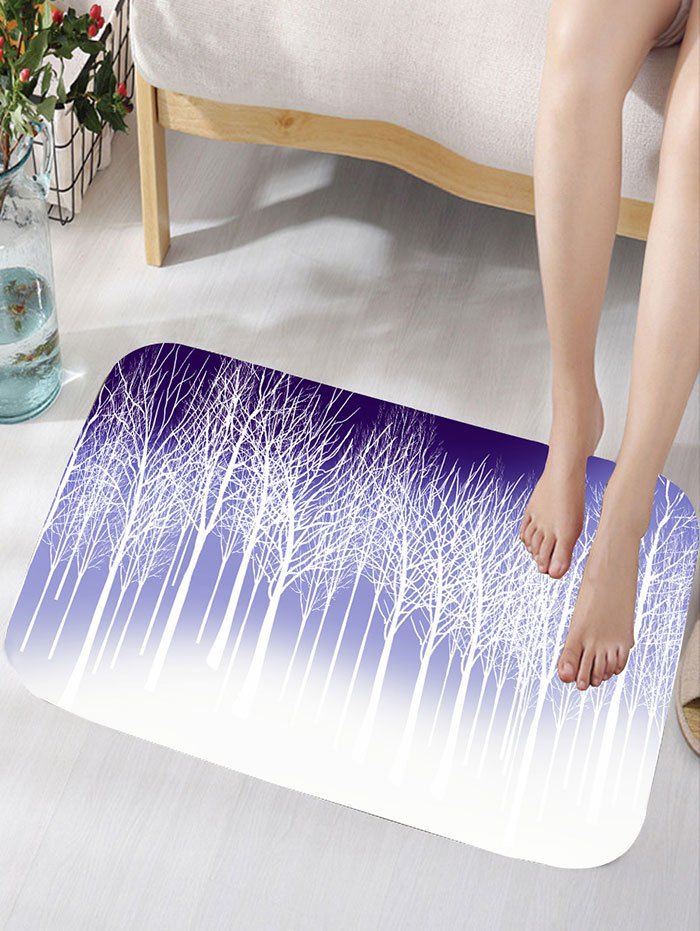 

Bare Trees Print Antiskid Flannel Bath Rug, White + purple