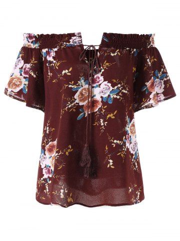 

Plus Size Bohemian Floral Off The Shoulder Blouse, Dark red