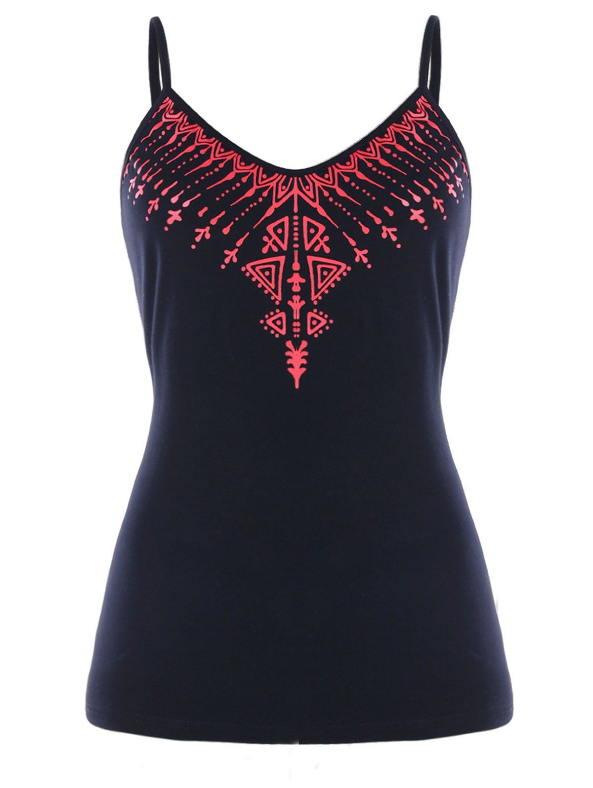 

Spaghetti Strap Ethnic Print Tank Top, Black