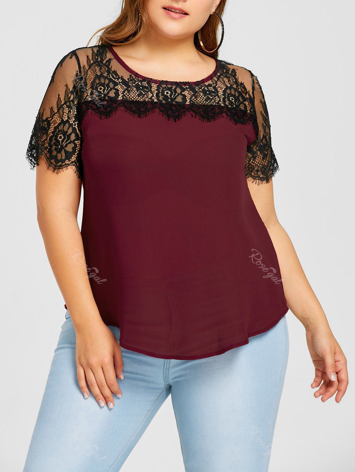 

Plus Size Lace Trim Curved Blouse, Wine red