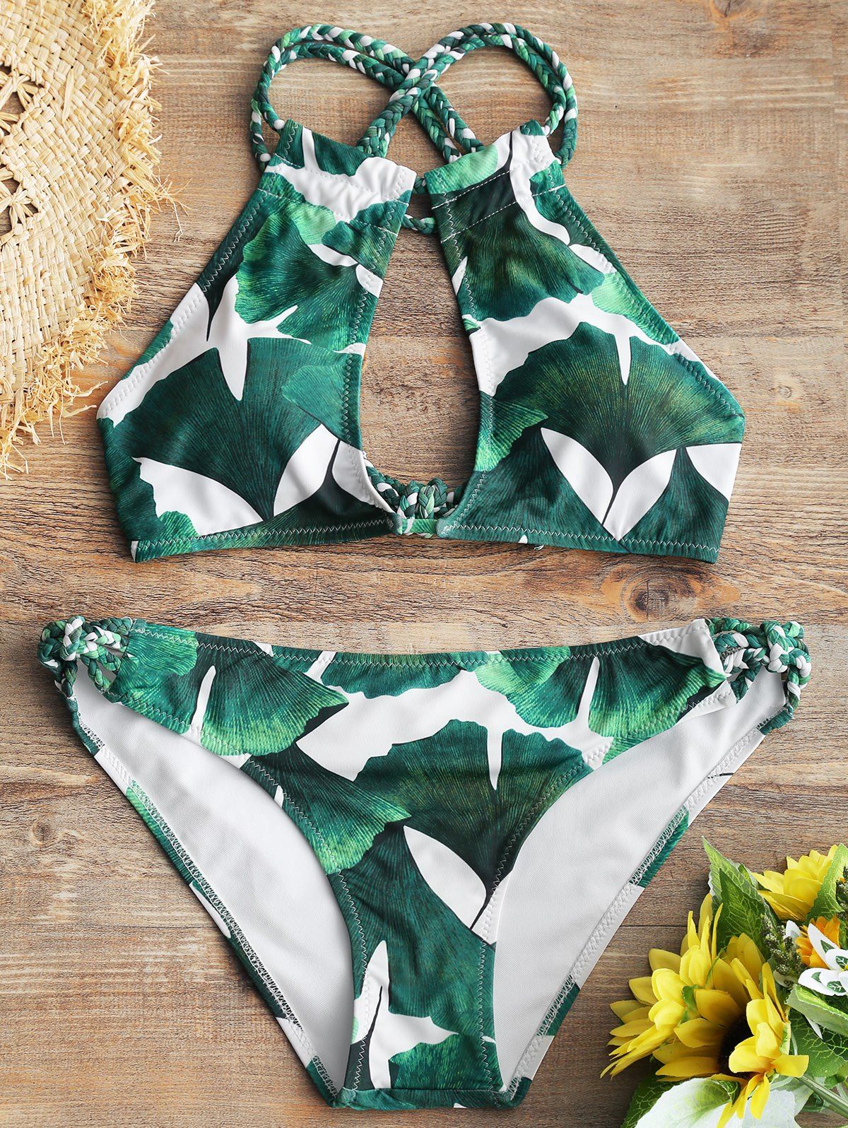 

Palm Leaf Keyhole Plaited Bikini, Green