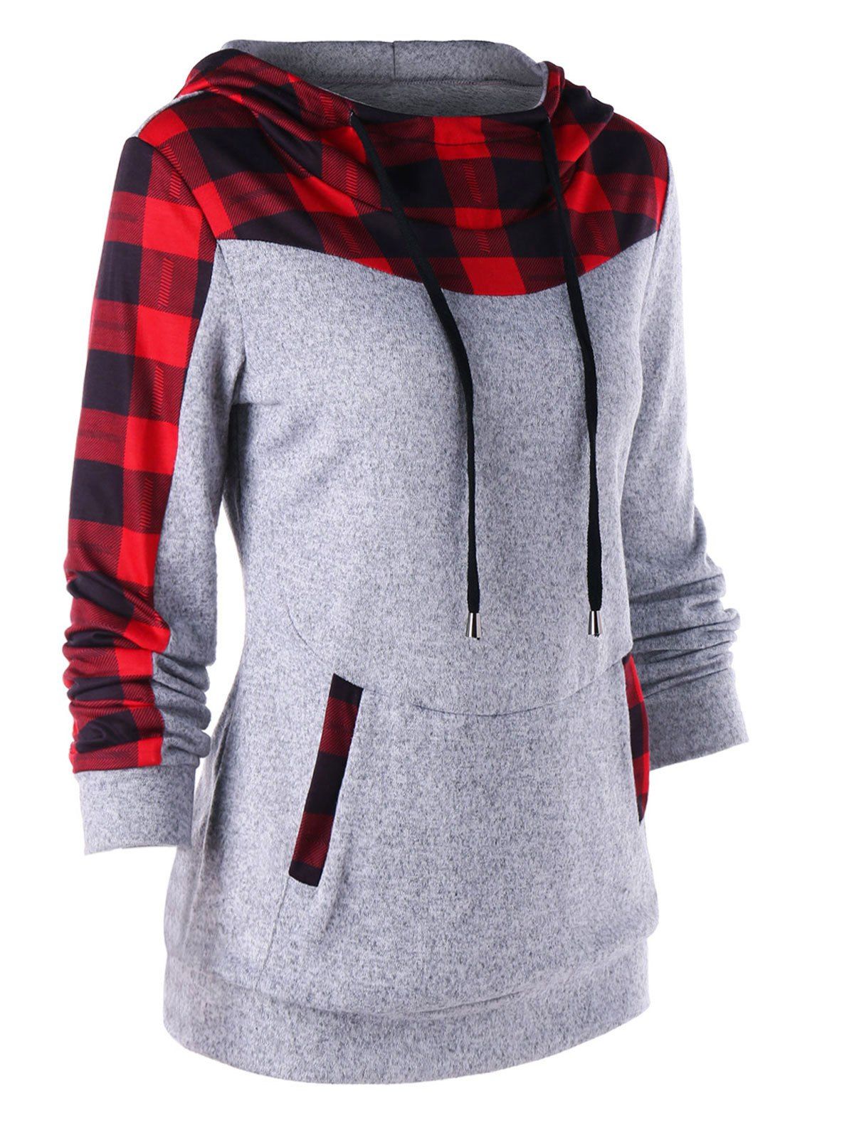 

Drawstring Neck Plaid Trim Hoodie, Red