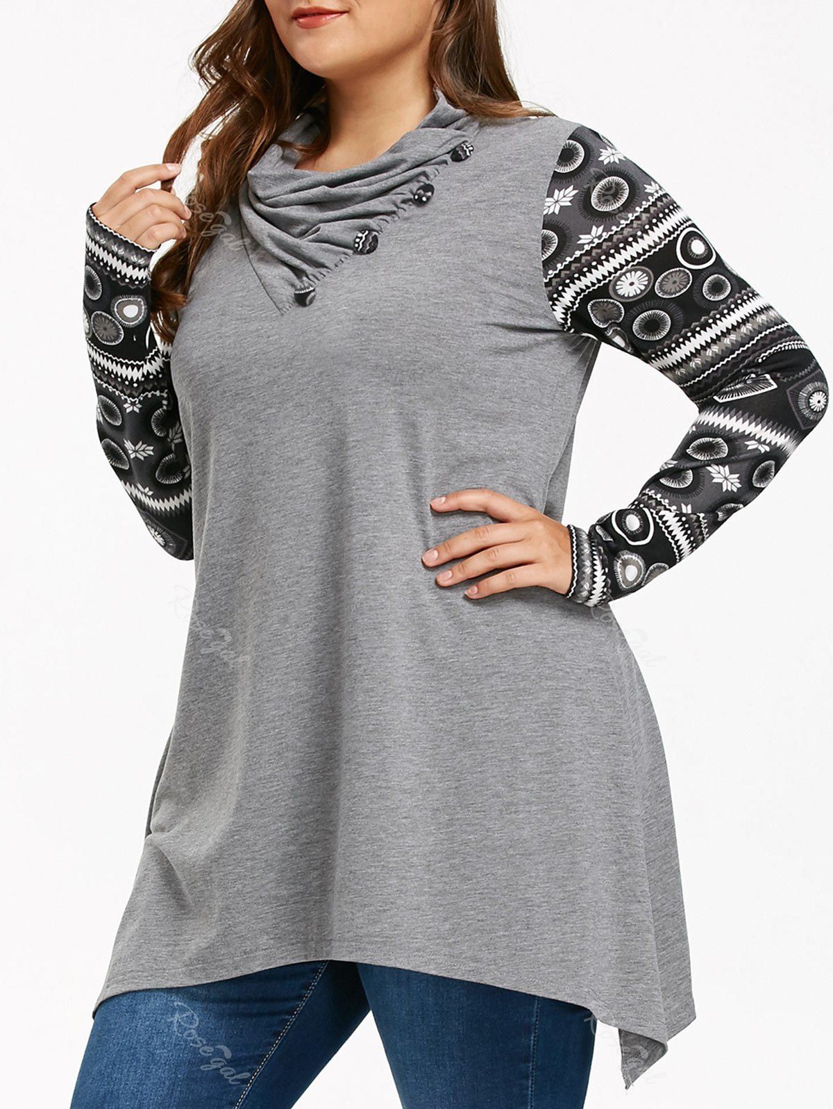 

Plus Size Heaps Collar Long Sleeve Sharkbite T-shirt, Gray