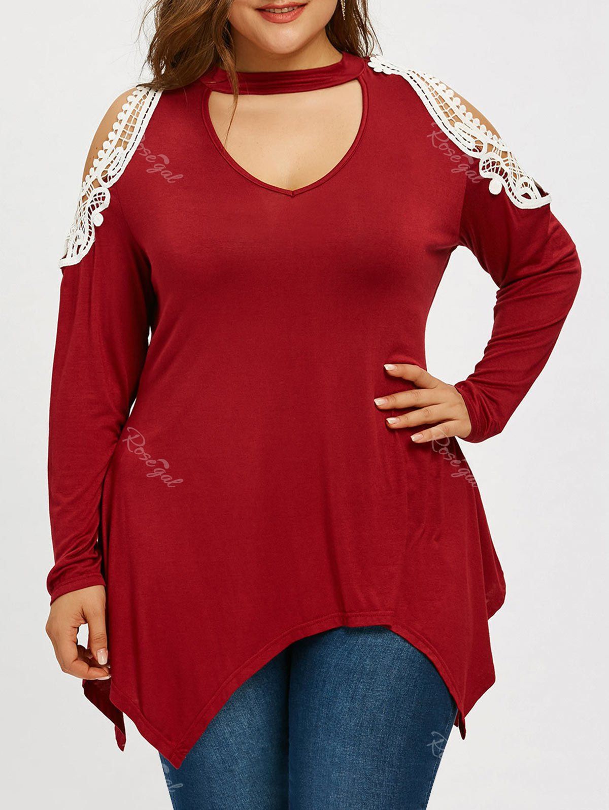 

Plus Size Cold Shoulder Long Sleeve Crescent T-shirt, Wine red