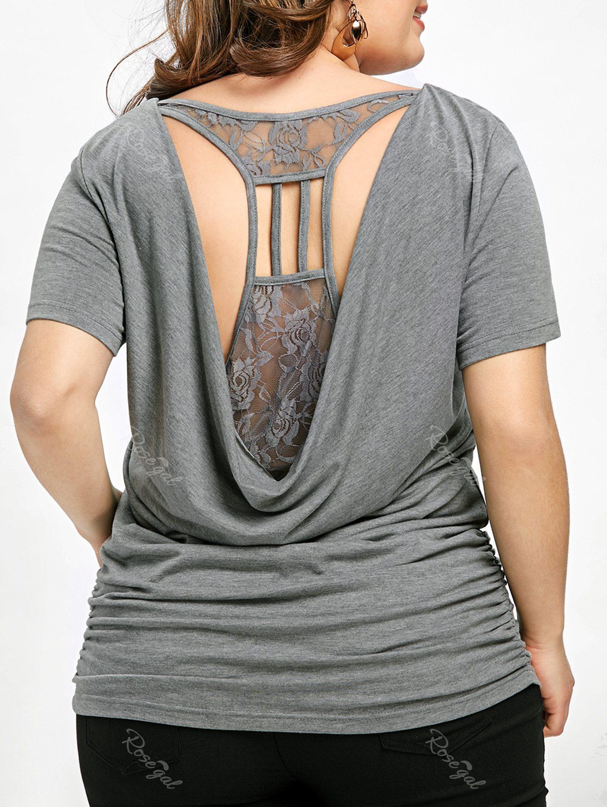 

Plus Size Lace Trim Cowl Back T-shirt, Gray
