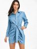 Ruched Front Tie Mini Chambray Dress -  