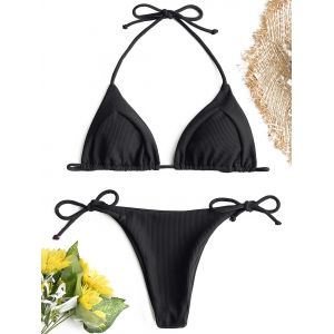 

Ribbed Halter String Bikini Set, Black