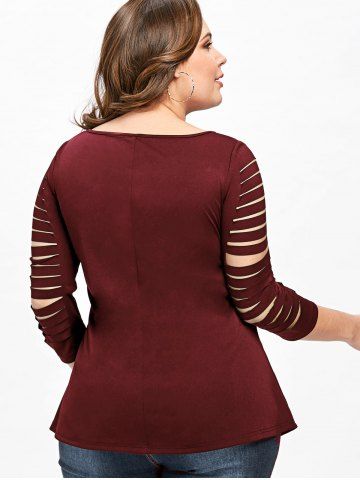 

Plus Size Ladder Ripped T-shirt, Wine red