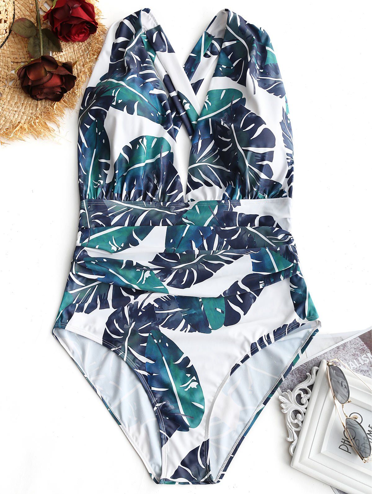 

Palm Leaf Plus Size Crossed Swimsuit, White and green