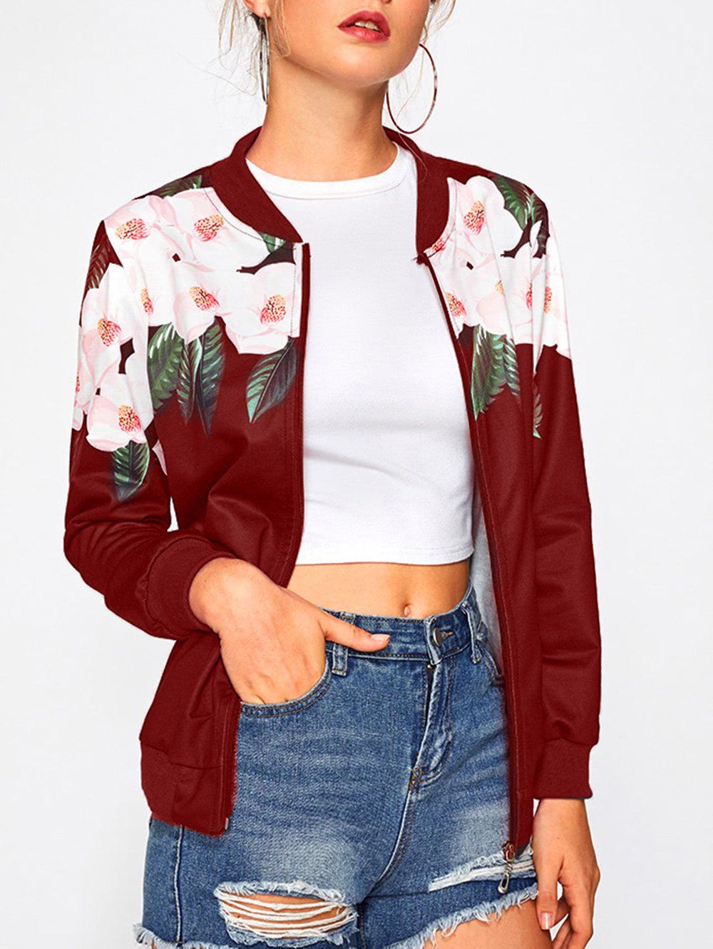 

Long Sleeve Floral Insert Bomber Jacket, Wine red