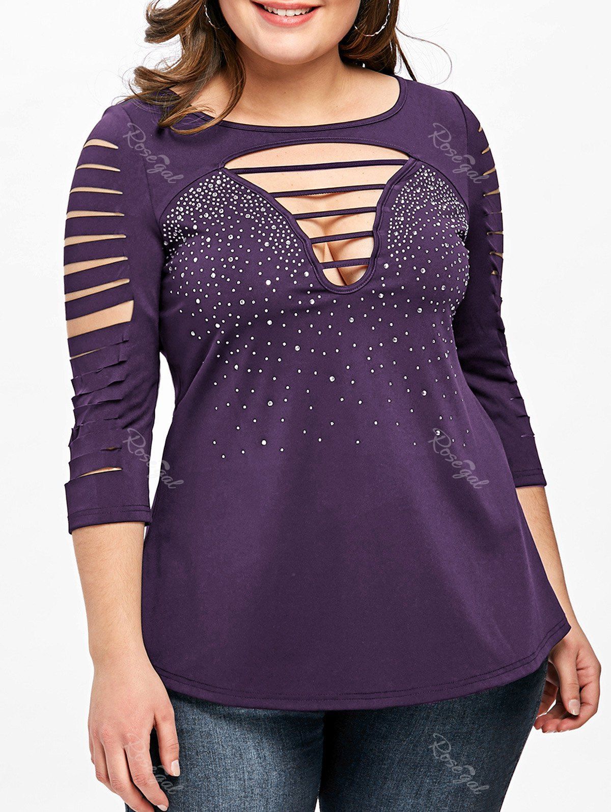 

Plus Size Ladder Ripped T-shirt, Purple