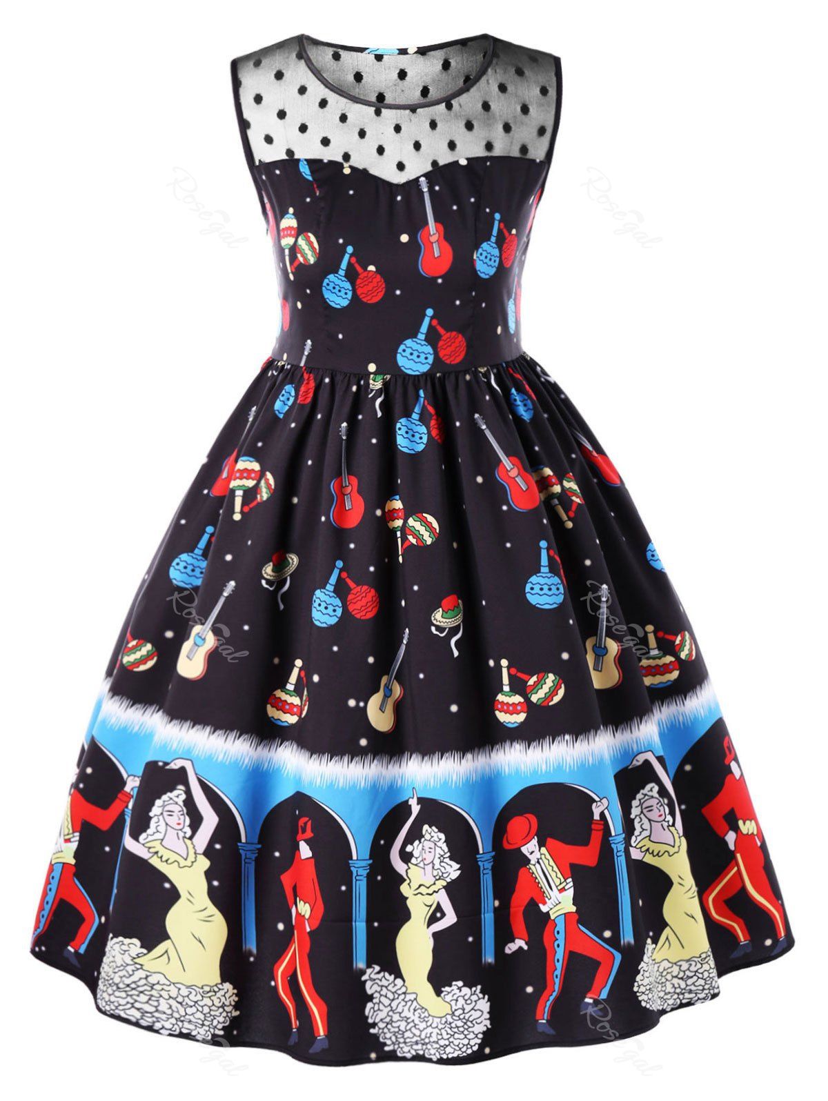 

Plus Size Dancer Pattern Sleeveless Party Dress, Black