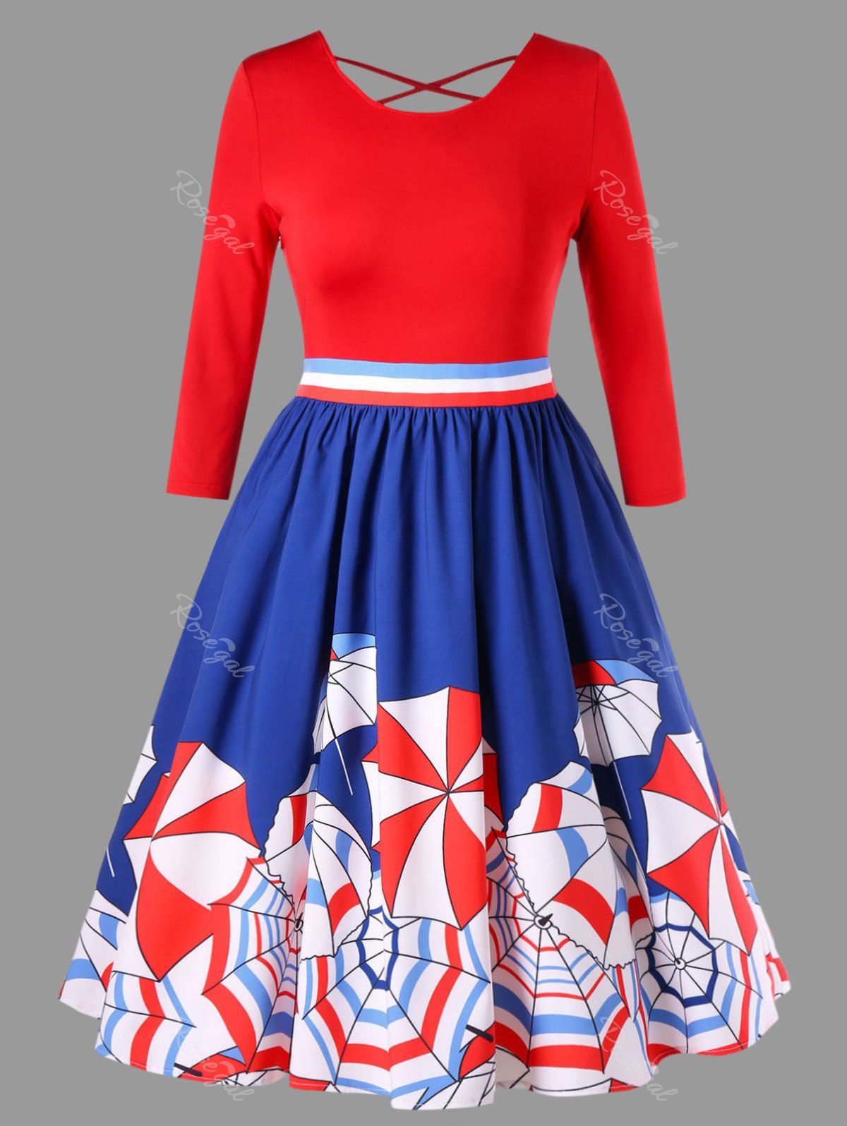 

Plus Size Umbrella Print Swing Dress, Blue and red