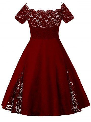 

Lace Panel Off The Shoulder Plus Size Dress, Wine red