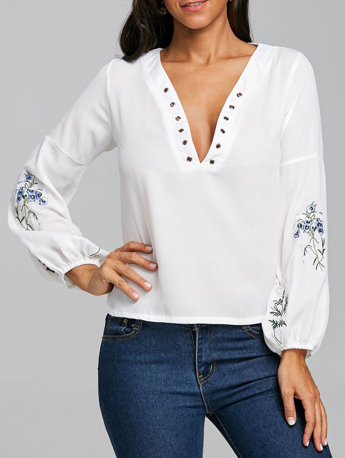 48 off embroidery plunging neckline chiffon blouse  rosegal 48 off embroidery plunging neckline chiffon blouse  rosegal