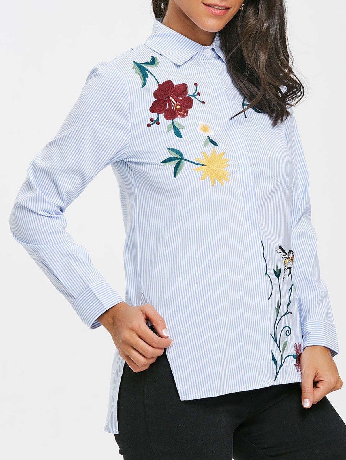 

Striped Embroidered High Low Blouse, Light blue