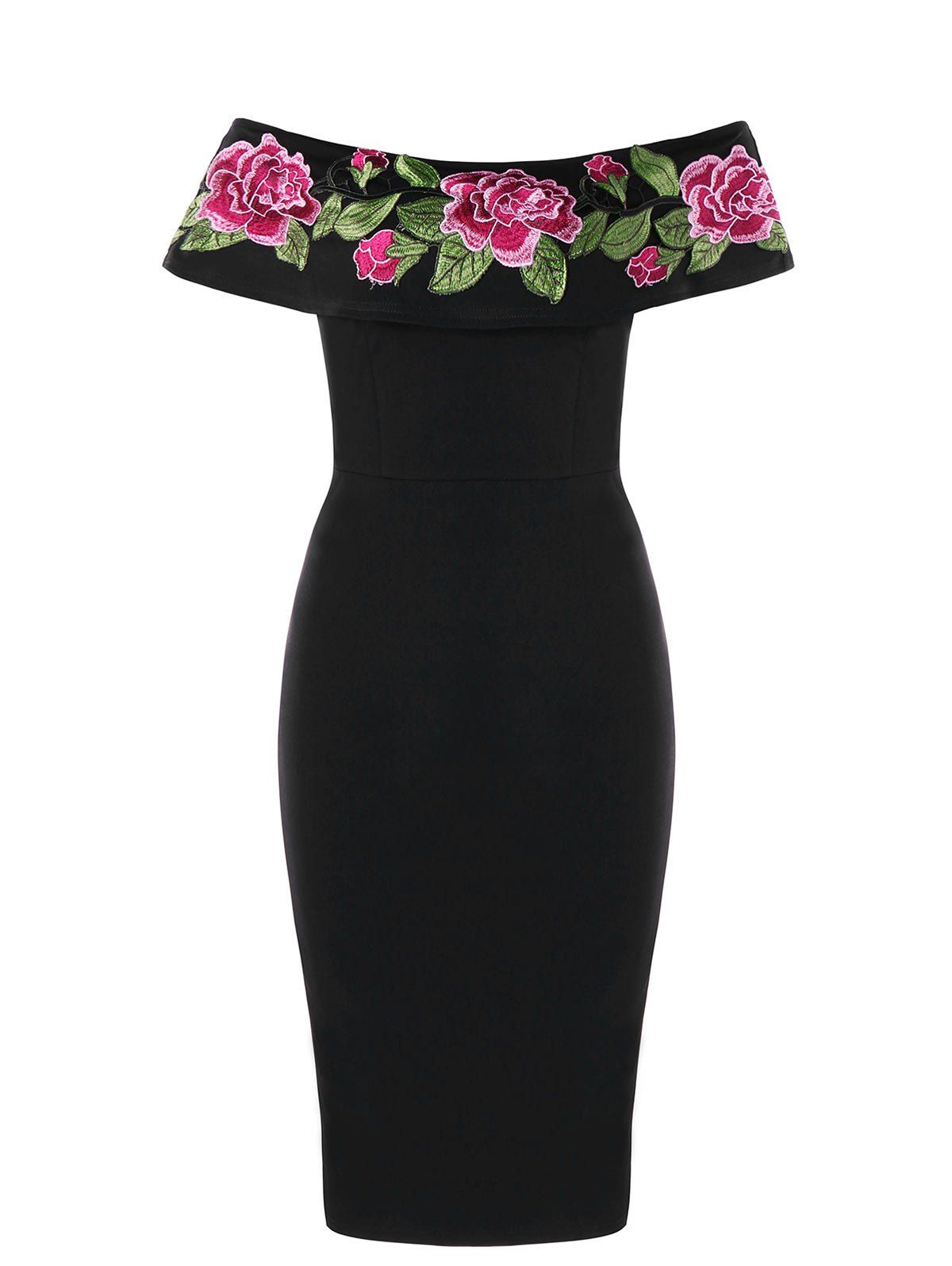 Online Flower Embroidered Off The Shoulder Bodycon Dress  