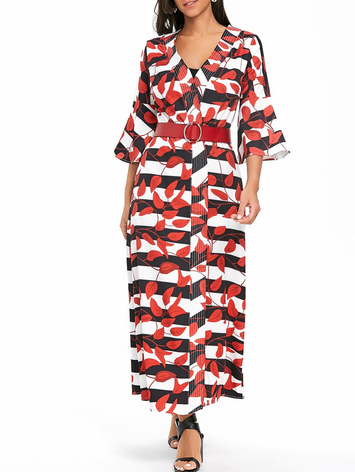 

Bell Sleeve Striped Leaves Print Maxi Coat, Red