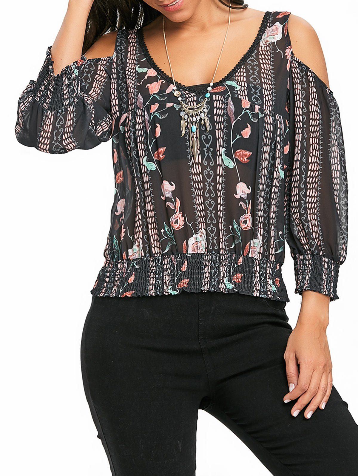 

Cold Shoulder Floral Chiffon Blouse, Black