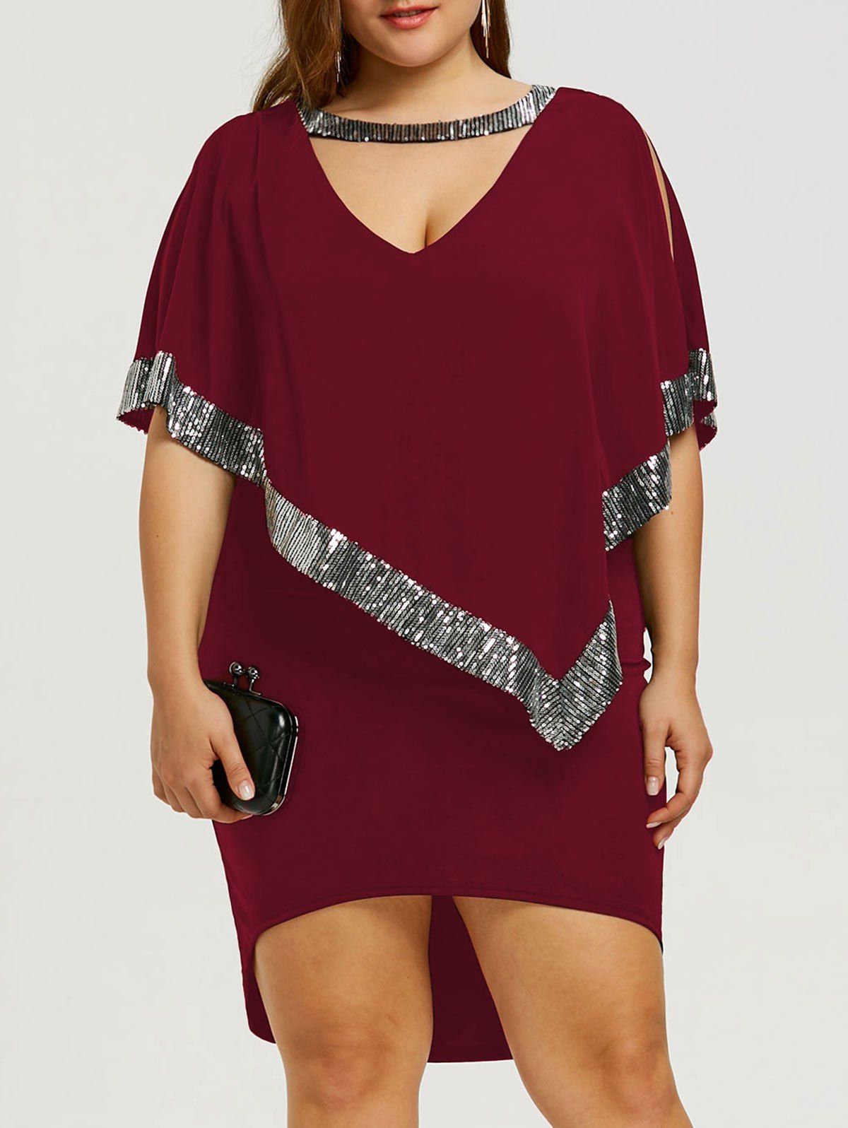 

Plus Size Glittery Capelet Dress, Wine red