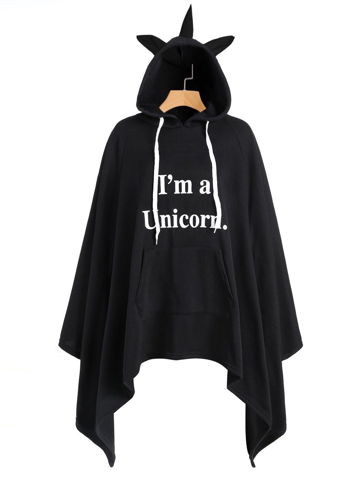 

Asymmetrical Handkerchief Unicorn Poncho Hoodie, Black