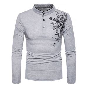 

Half Button Mandarin Collar Floral Print Tee, Light gray