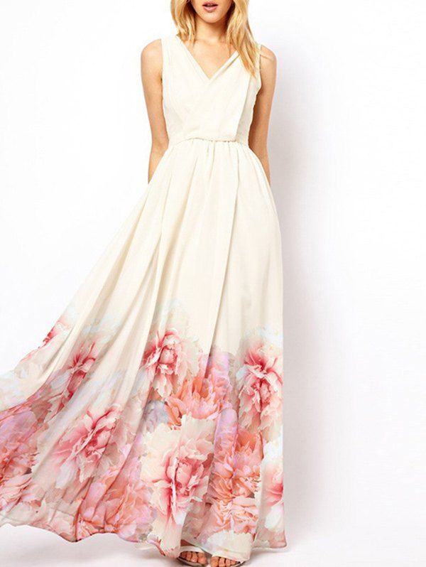 Back V Floral Printed Maxi Dress, White