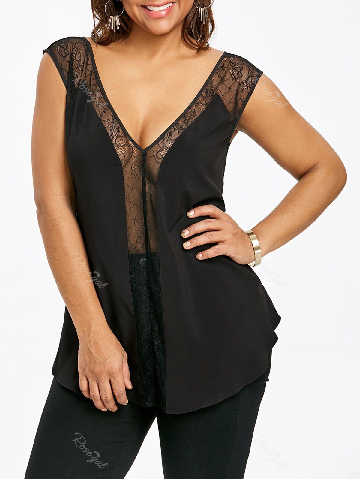 [30 Off] Plus Size See Thru Plunging Neck Tank Top Rosegal