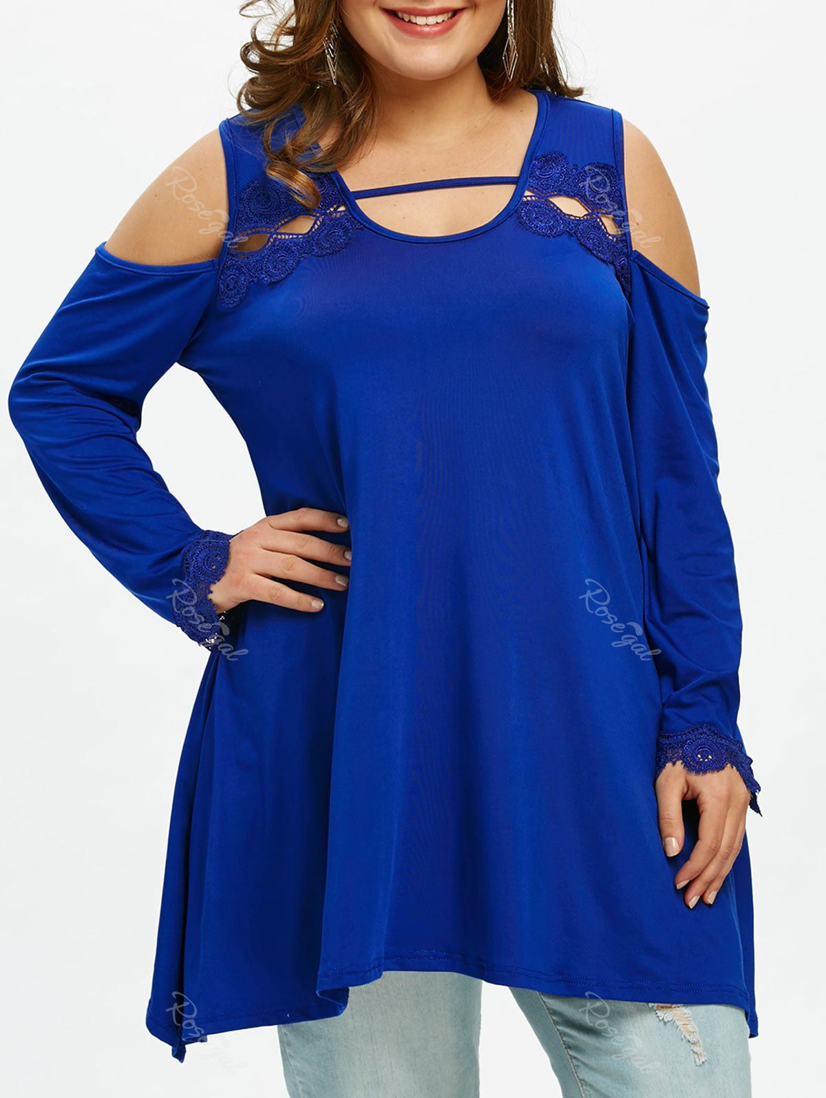 

Plus Size Long Sleeve Cold Shoulder T-shirt, Blue
