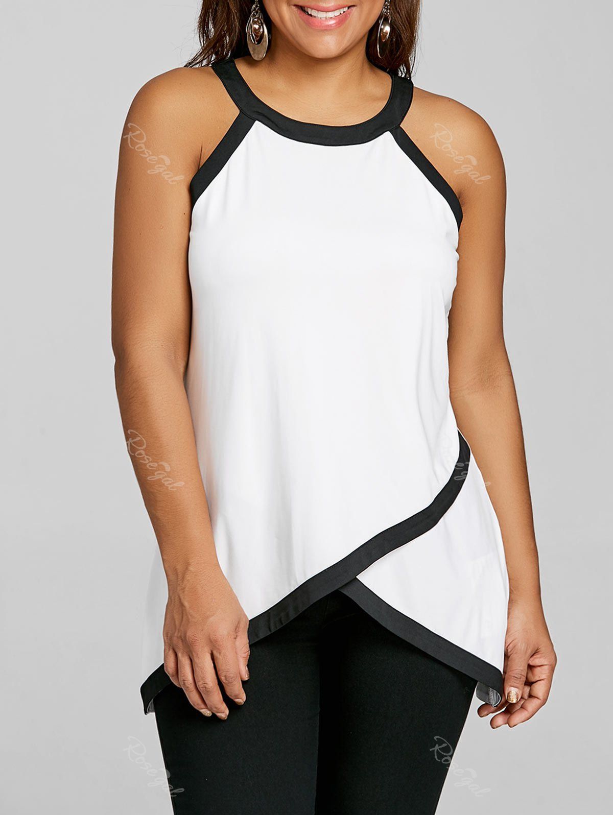 

Plus Size Overlap Contrast Trim Tank Top, White