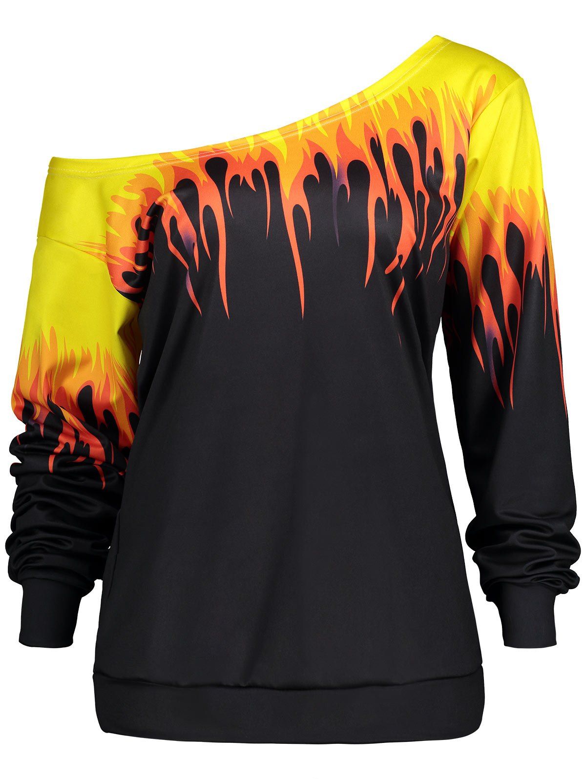 

Flame Print Skew Neck Sweatshirt, Black