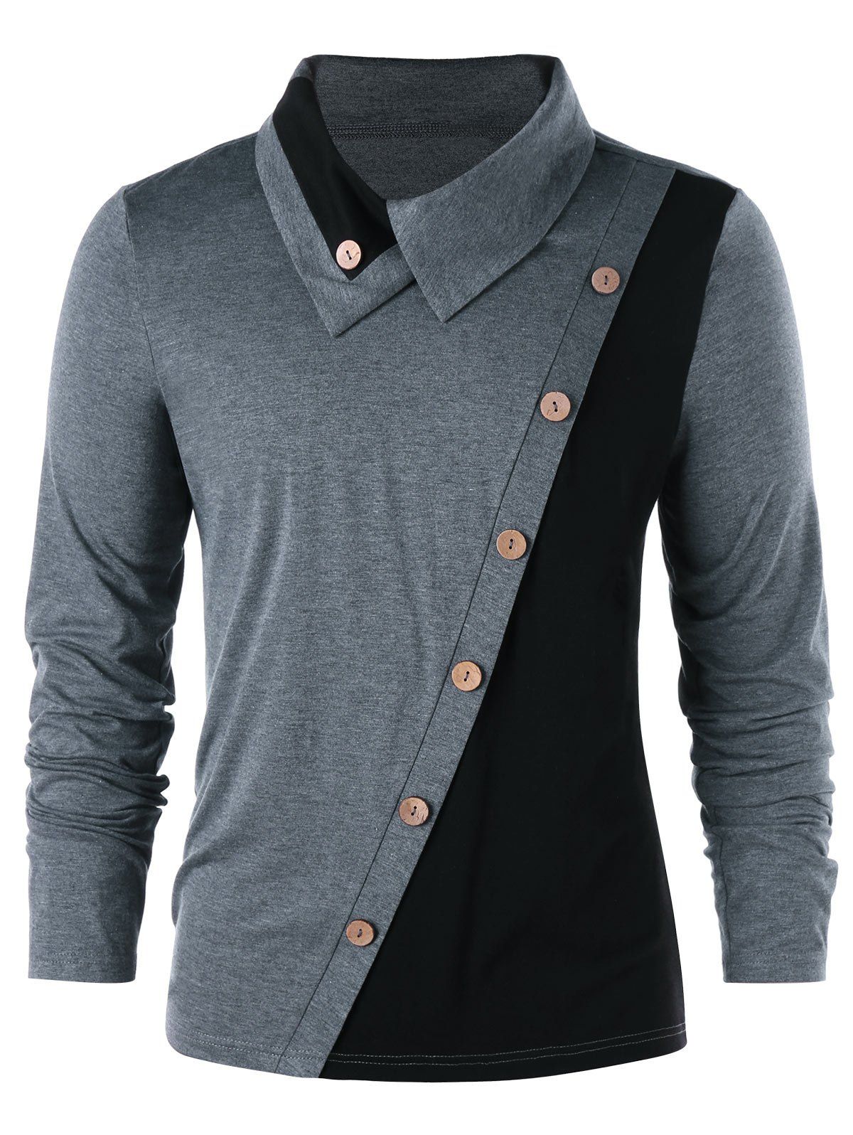 

Button Decorated Long Sleeve T-shirt, Black and grey
