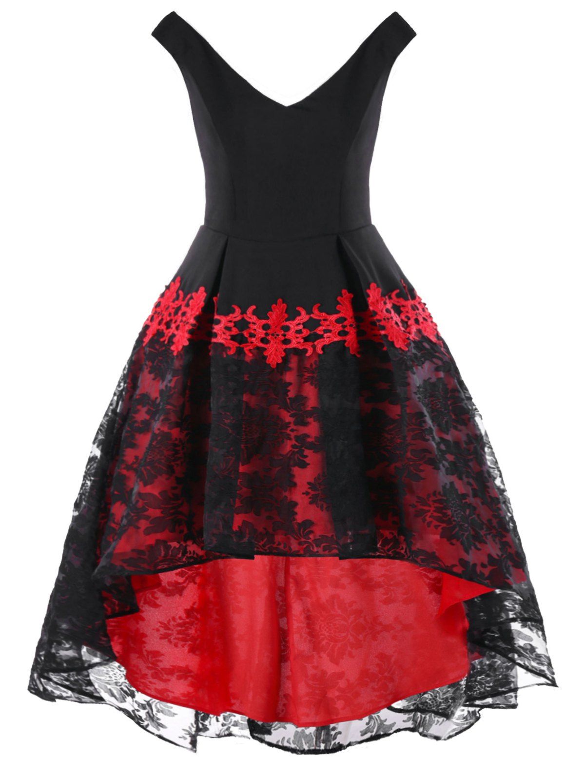 

Bandana Floral High Low Hem Swing Dress, Red with black