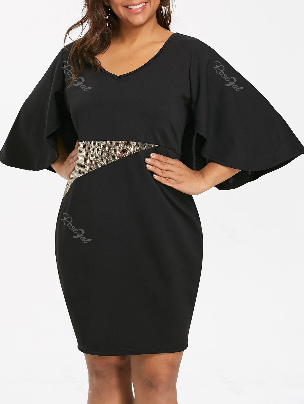 

Plus Size Sequins Panel V Neck Caplet Dress, Black