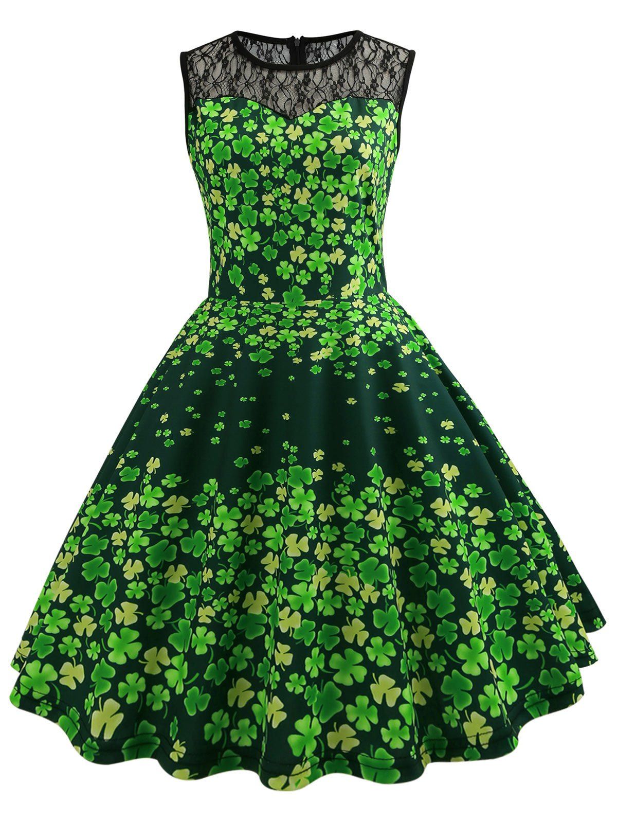 

Leaf Print Lace Yoke Sleeveless Vintage Dress, Deep green